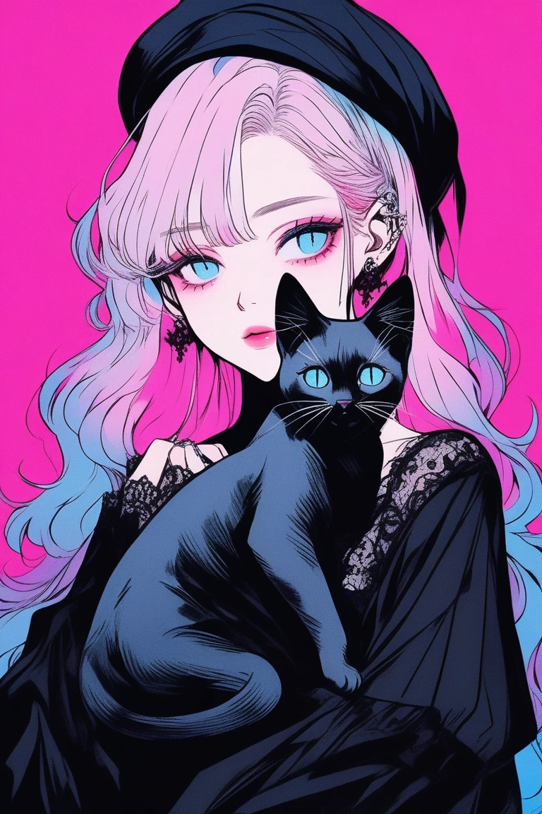 Illustrator, anime , Realistic ,sketch , 1 person, model, Age 25, lip, A black gothic dress featuring abundant lace,、, and a see-through design.., order, Blue and pink gradient background, Neon Medium Hair, Big Breasts, look back, whole body, (((Holding a black kitten on my lap))), Sexy look, Texture Trim, Canadian, (masterpiece,Highest quality)