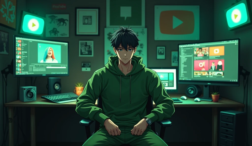 Create an anime-style image of a male character, dressed in green clothing. The character should have a realistic inspired appearance, with a slight, little smile on his face. He should be sitting in a modern editing studio, facing forward, making direct eye contact with the viewer. The background should feature YouTube-related elements like play buttons or channel icons, along with various editing tools such as a computer, keyboard, and graphic tablet. The studio environment should be dark, with lighting that complements the green of the character's clothing, creating a cohesive and atmospheric setting. The lighting should be subtle and realistic, enhancing the overall mood without making the image look too much like a anime style 