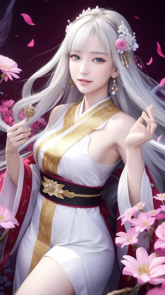 (masterpiece, Highest quality, 1 female, alone, Exquisite detail, chromatic aberration), (Realistic), (skin), ((breathe)), (Silver Hair, Blunt bangs, Short cut straight long hair, Short bangs, Silver Hair), Beautiful Hair, Red headdress, highlight, Hair on one eye, Beautiful Eyes, Purple eyes, Thick lips, Earrings, Sharp Eye, ((Gold and white kimono)), ((Symmetrical eyes)), ((Perfectly symmetrical body)), ((Perfectly symmetrical hands)), (PurerosFace_v1:0.3), Full moon night, ((Own, Natural light))), Bright lighting, Flowers Blooming in background, In front of the audience, ((Central Shot, from the front, (Face and shoulders))), Mysterious atmosphere, colorful Flowers Blooming around, Light colored background, 着物を着たShrine maiden, 美しいShrine maiden, Shrine maiden, ファンタジーのShrine maiden, 占いのShrine maiden, Fantasy Photography, Japanese style, Elegant cinematic fantasy art, Fantasy Woman, Magician Portrait, A powerful wizard surrounded by mystical colorful flowers, Embracing a shining heartrystal ball, Eyes glowing with mystical energy, The spell that escapes from her mouth, A vibrant, pulsating, rainbow-colored vortex of magic appears in the air., The magic permeates, Flowers Bloom, Sacred creatures gaze upon with awe, Threads of magical energy dance, Uncover hidden areas, Uncovering the secrets, Capture the essence of this enchanting moment、Highest qualityのキャンバスに魔術の神秘的な力を生き生きと表現します。. Highest quality, masterpiece, ultra High resolution, (photoRealistic: 1.4), RAW Photos, Sharp focus, High resolution, detailed skin.
周囲にFlowers Bloom, Light colored background, fortune teller in kimono, beautiful fortune teller, fortune teller, fantasy female fortune teller, female fortune teller, Fantasy Photography, Japanese style, fortune teller in kimono, Elegant cinematic fantasy art, Fantasy Woman, Magician portrait, fortune teller, A powerful wizard surrounded by mystical colorful flowers, Embracing a shining heart