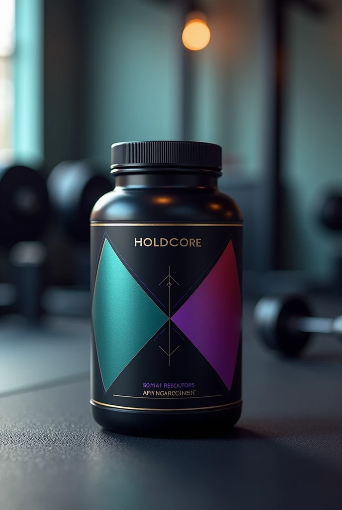 create a pot for the encapsulated post-workout product called HoldCore, with a more serious approach to colors. I will use black, a little gold, Cyan, purple and pink, but in a way that conveys more seriousness.