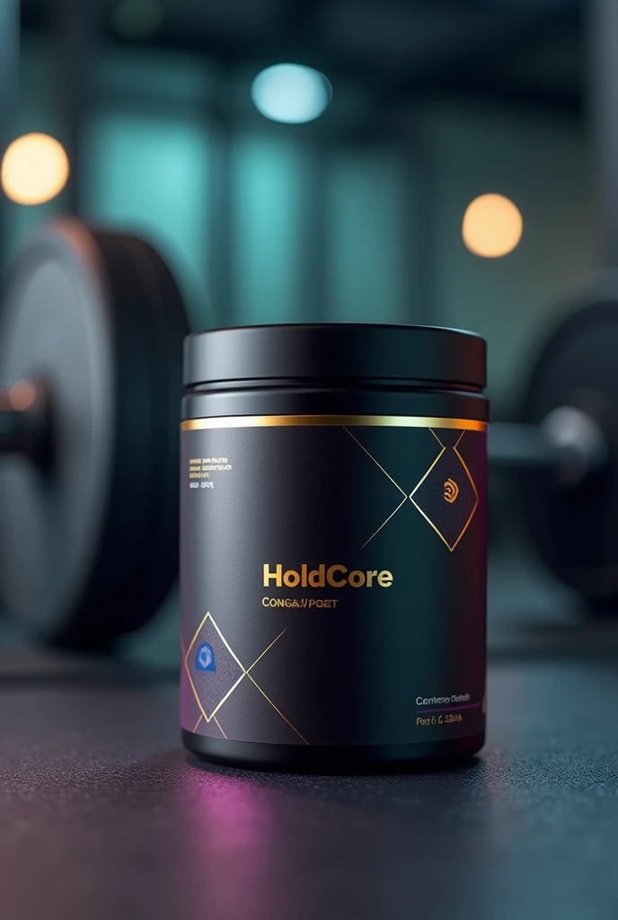 create a pot for the encapsulated post-workout product called HoldCore, with a more serious approach to colors. I will use black, a little gold, Cyan, purple and pink, but in a way that conveys more seriousness.