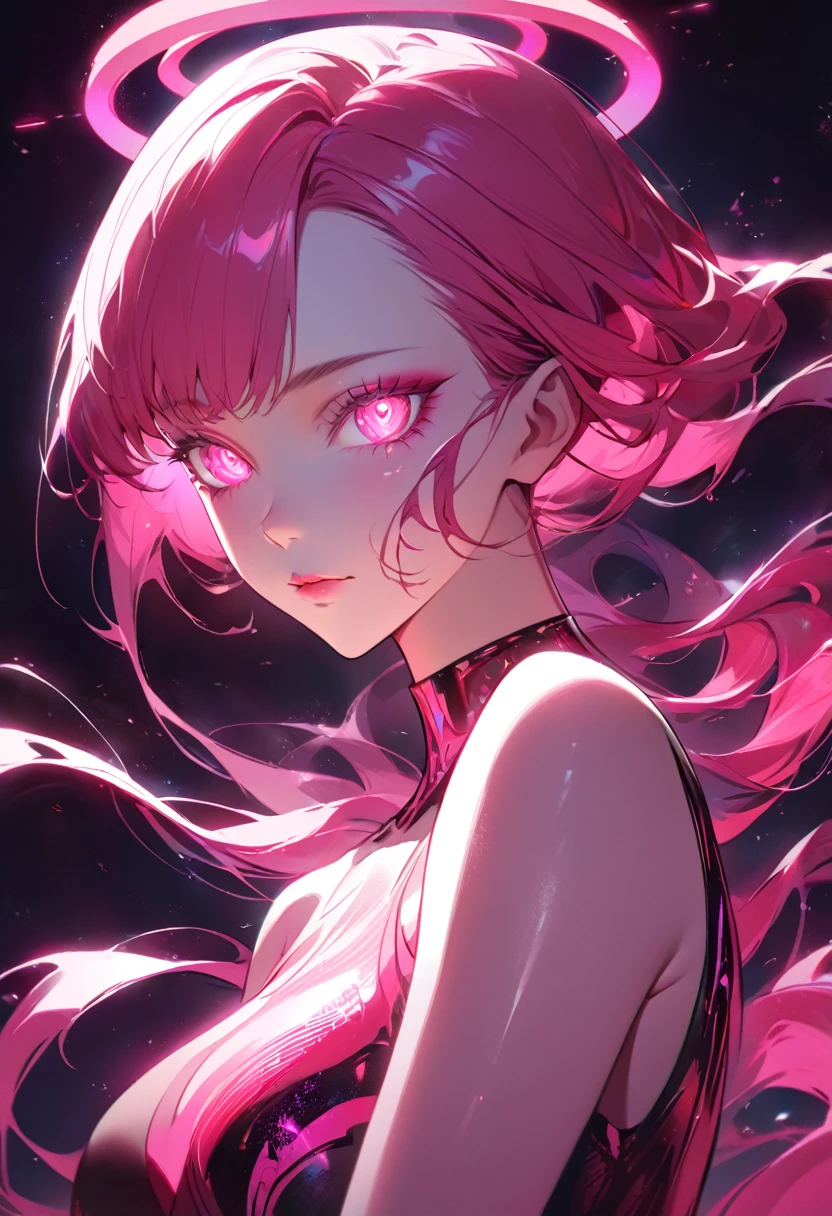 vivid neon lighting, glowing eyes, red and pink hues, ethereal halo, soft facial features, intense gaze, dark background, smooth textures, anime-inspired, futuristic portrait, radiant glow, otherworldly atmosphere, surrealism, sharp contrasts, minimalistic setting, digital painting,Neon glowing, hypnotic spirals in the eyes, with intense red and orange hues and a sharp gaze that has a vibrant shine. Soft, glossy lips with a subtle pink hue, slightly parted and plump, adding a smooth texture. The posture is straight and elegant, with the head slightly tilted upward, exuding confidence and command. The hair is long, sleek, and vibrant red-pink, with flowing strands and detailed highlights, creating soft waves. Flawless skin, illuminated by the neon glow, has a cool-toned, soft texture. Harsh red and pink neon lighting emphasizes strong contrasts and sharpens facial features.