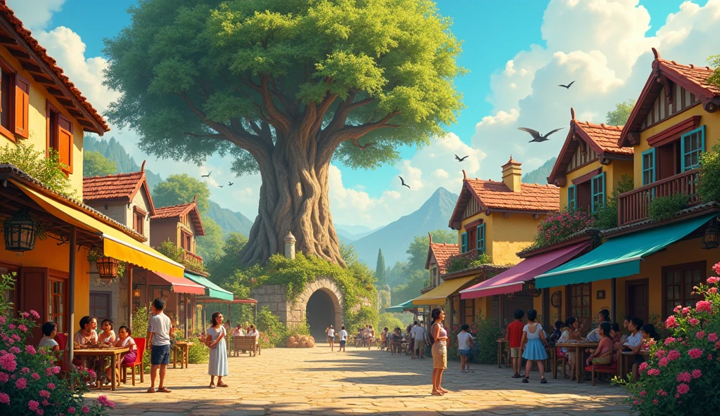 A vibrant and happy village scene with the Magic Tree glowing in the background. The village is bustling with joyful activities and a sense of harmony, showcasing the positive change.