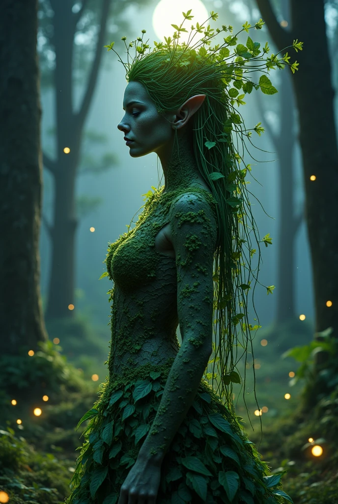 humanoid plant, ethereal, glowy eyes, skin made of tree bark, hair made of vines, plant with human shape, in a forest by night, clothes made by leaves