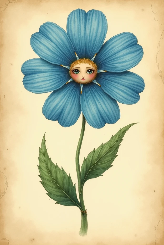 An illustration of a flower with blue petals and a sad face, book styles , vintage illustration