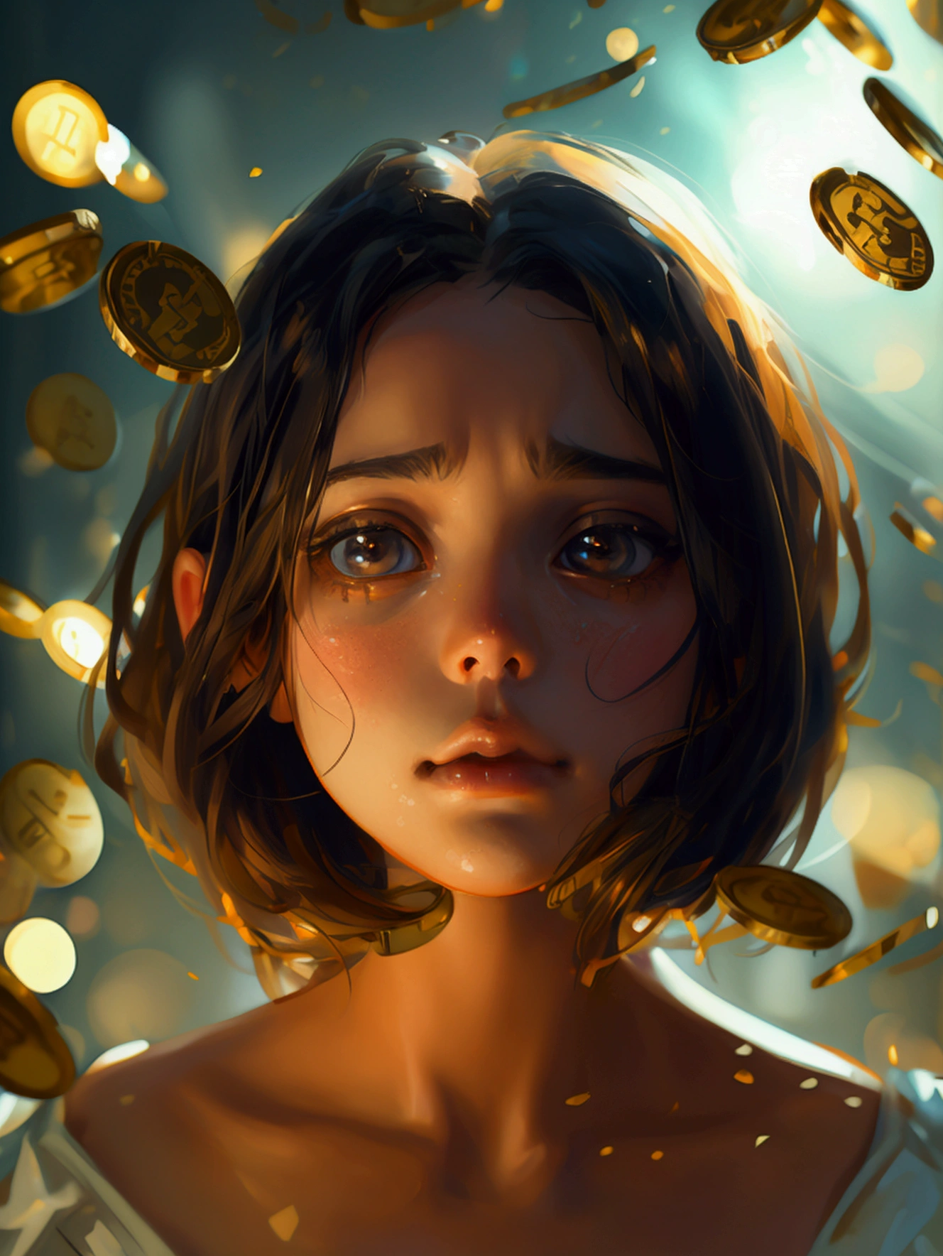 a girl is sad due to her bit coins fall down bitcoins showing, full girl character, looking at camera