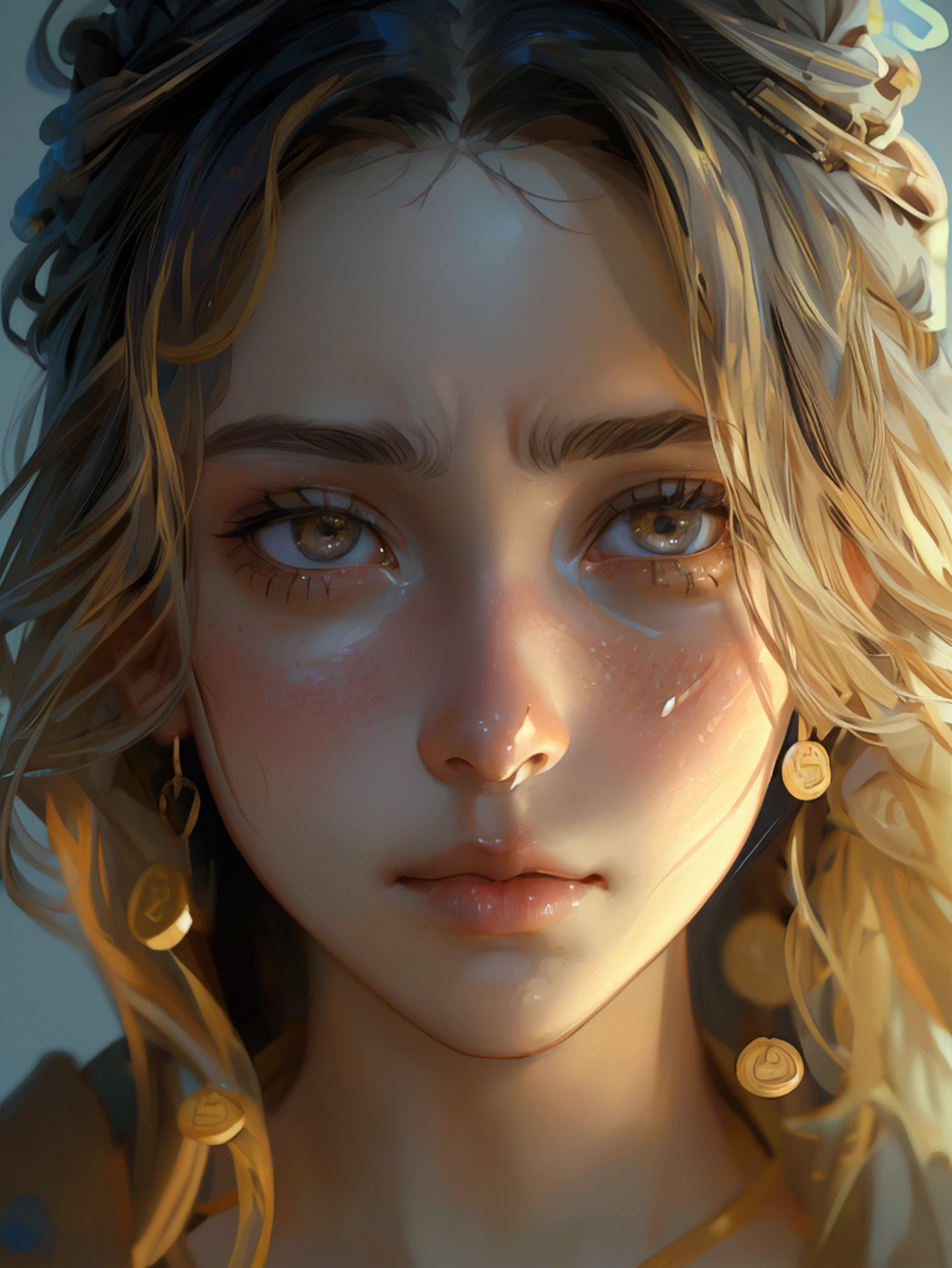a girl is sad due to her bit coins fall down bitcoins showing, full girl character, looking at camera