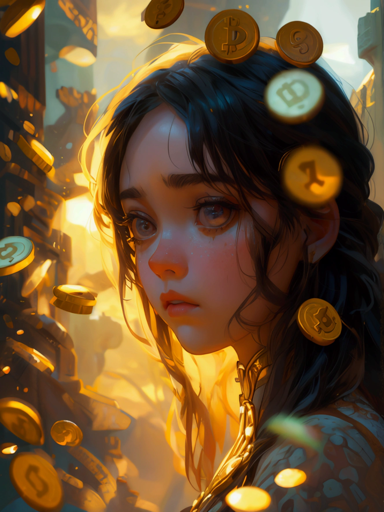 a girl is sad due to her bit coins fall down bitcoins showing, full girl character, looking at camera