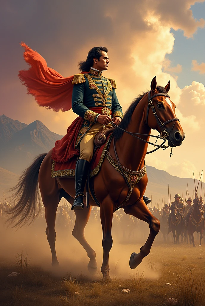 Create an image about the battle of Junin in the pampas of Chacamarca,with Simon Bolivar riding his horse during the battle.