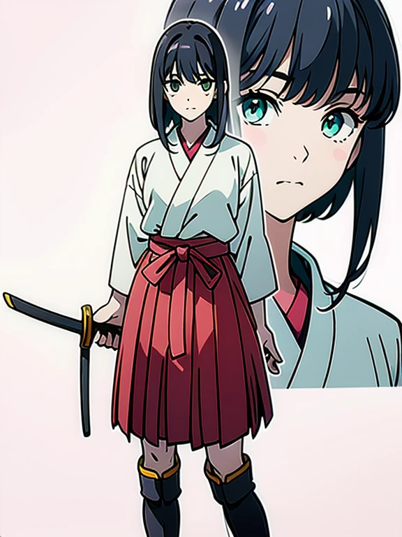 ((((masterpiece, Best Quality, Ultra-high resolution、Best illustrations))))、((Portrait of a person standing against a white background))、anime、A highly concentrated individual、(Very delicate and cute face)、(Sparkling Eyes)、An 18-year-old beautiful shrine maiden stands alone, wielding a wooden sword.、Iai、Serious expression、Medium length black hair、Clean green eyes、Long red hakama、Knee-high boots、((Perfect hands))、