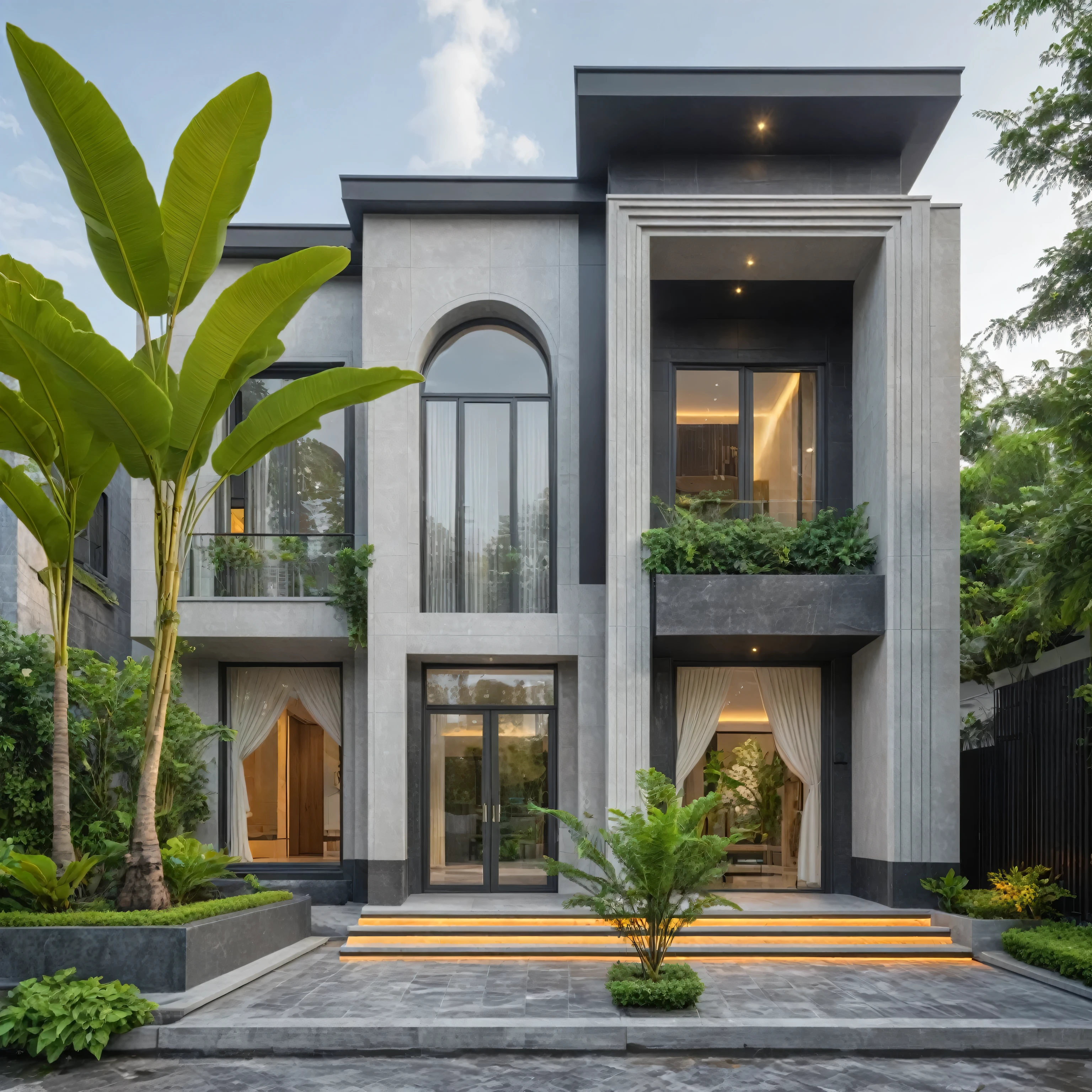 modern villa on street, (daylight), tropical tree, green shrub and plants, vivid color, streetcapes, minimalist design, brigth grey tone, (large glass door:1.2), warm interior lighting, modern material, best quality, ultra realistic, masterpiece,