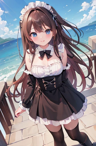 ((masterpiece, Highest quality, High resolution, 超High resolution, Pixel Perfect, Wide-angle, 4K, RTTX10.0, Human Development Report))), one person&#39;s, single, alone, beauty, View the whole body, (( Reddish brown hair, Very long hair, Short Liuhai)), ((blue eyes, Beautiful eyelashes, Genuineな目)), ((Detailed face, blush:1.2)), ((Smooth texture:0.75, Genuine质感:0.65, Genuine:1.1, Anime CG style)), Mid-chest, Perfect body, ((Low Cut Maid Costume, Expose your shoulders, black tights, Black boots)), smile, Go down the stairs, (The wind blew her long hair，Expose your shoulders、black tights、Black boots)