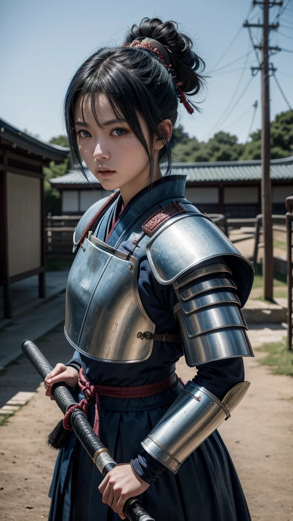 A young female samurai with short blue hair, blue eyes, wearing blue Japanese armor, and holding a katana. She stands on a battlefield. The scene is photo realistic, 8k quality, masterpiece, High Resolution, High Quality.