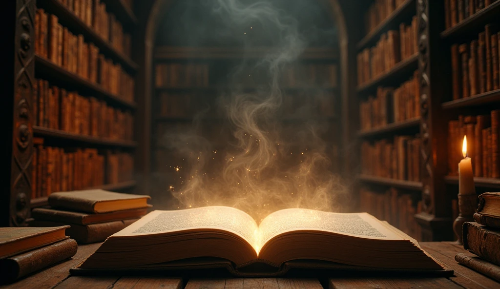 An ancient, dimly lit library with towering shelves filled with scrolls and old books, the air thick with the weight of history. In the center, an open book glowing softly, with ghostly images of great historical figures like Napoleon and Samudragupta emerging from the pages, symbolizing their courage and determination."