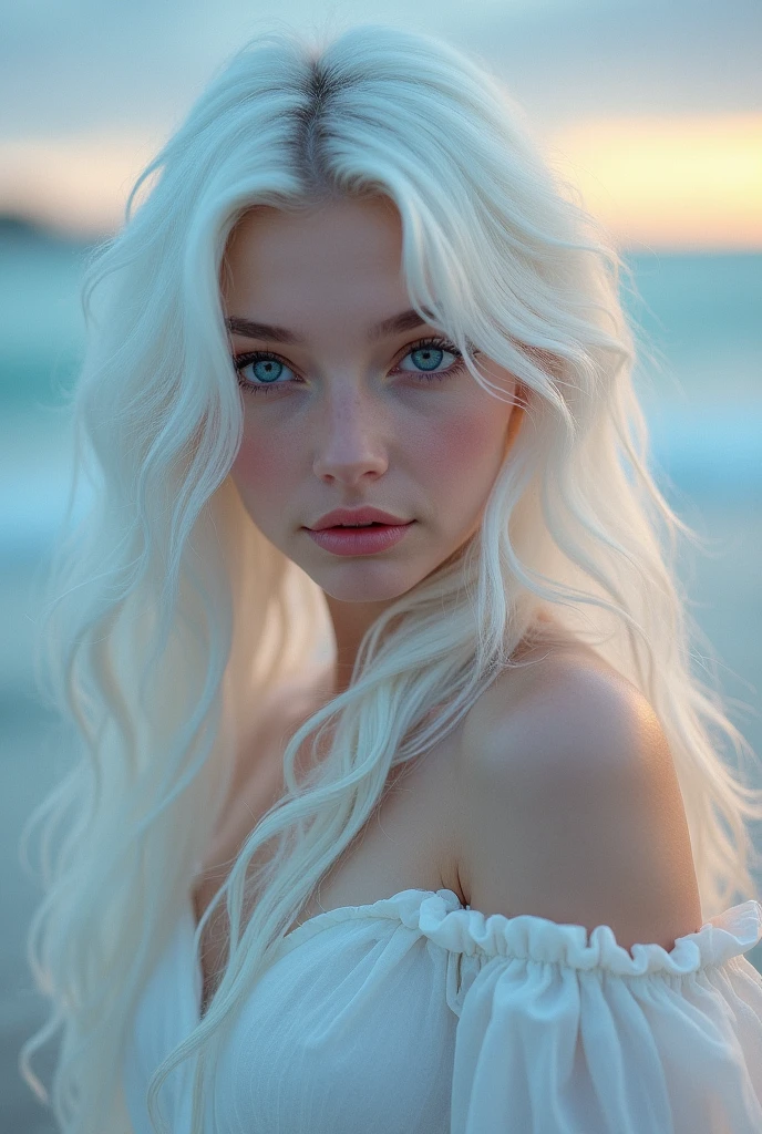 Woman
White hair
Wearing a white dress
Blue eyes
*********