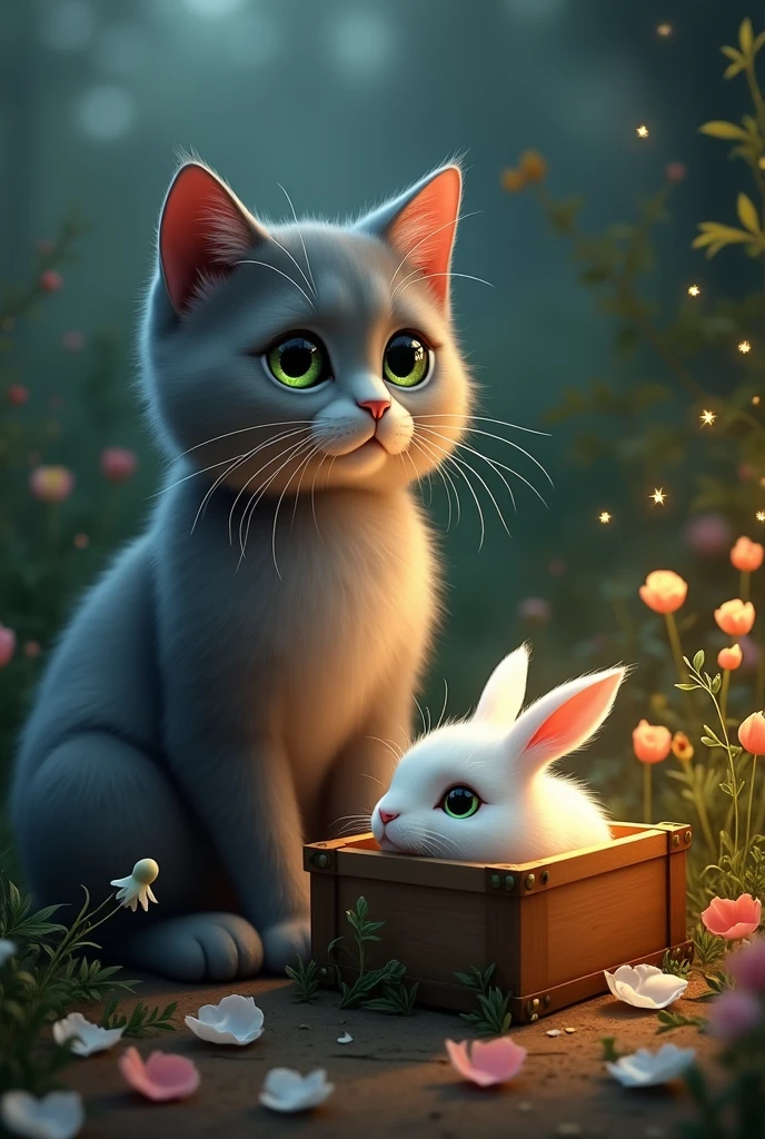 Make a gray cat with green eyes and a white rabbit with green eyes. The rabbit dies and the cat is sad. Show the rabbit box