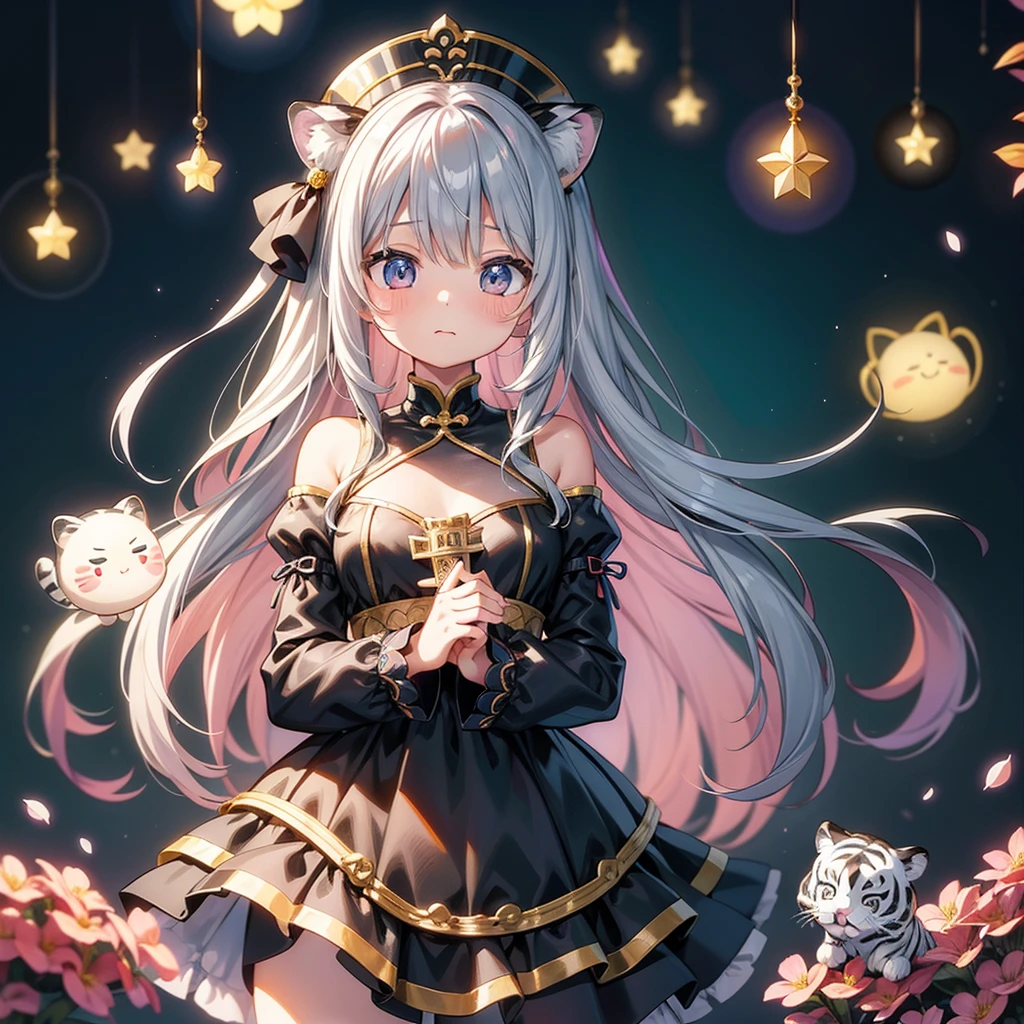 Fantasy、cute白虎の赤ちゃんを抱きかかえる人間の美少女、Highest quality、Masterpiece、Dynamic composition、The background is a black and white tiger pattern、cute、