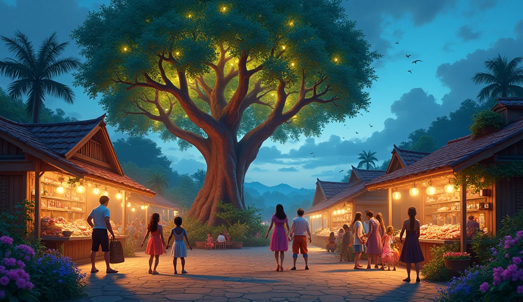 A vibrant and happy village scene with the Magic Tree glowing in the background. The village is bustling with joyful activities and a sense of harmony, showcasing the positive change.