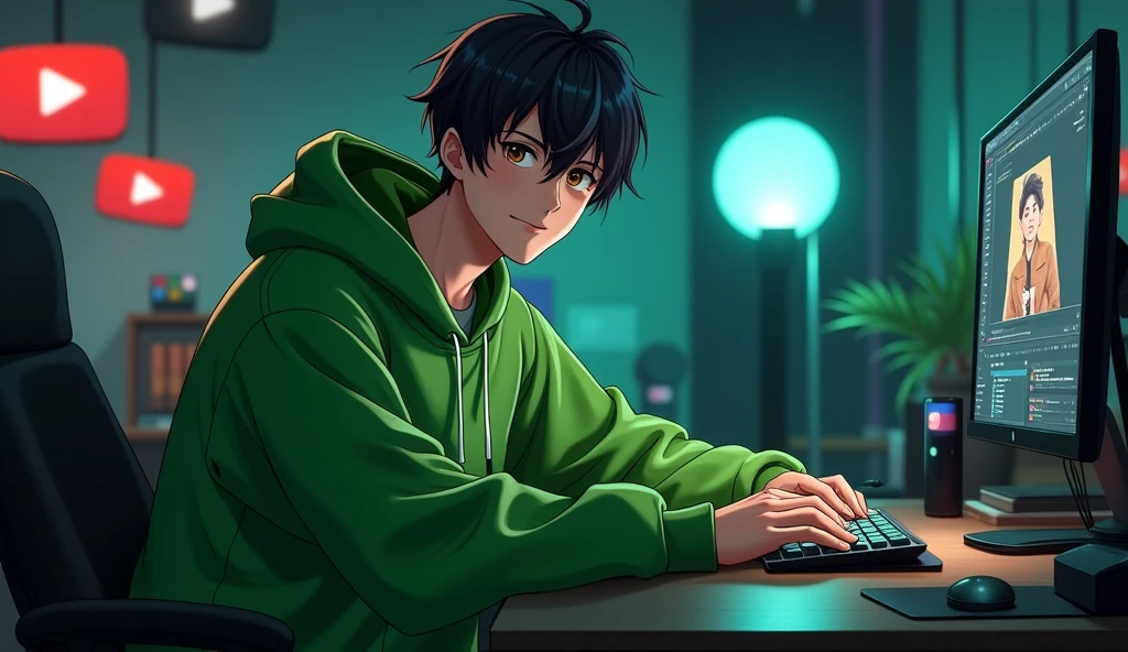 Create an anime-style image of a male character, dressed in green clothing. The character should have a realistic inspired appearance, with a slight, little smile on his face. He should be sitting in a modern editing studio, facing forward, making direct eye contact with the viewer. The background should feature YouTube-related elements like play buttons or channel icons, along with various editing tools such as a computer, keyboard, and graphic tablet. The studio environment should be dark, with lighting that complements the green of the character's clothing, creating a cohesive and atmospheric setting. The lighting should be subtle and realistic, enhancing the overall mood without making the image look too much like a anime style 