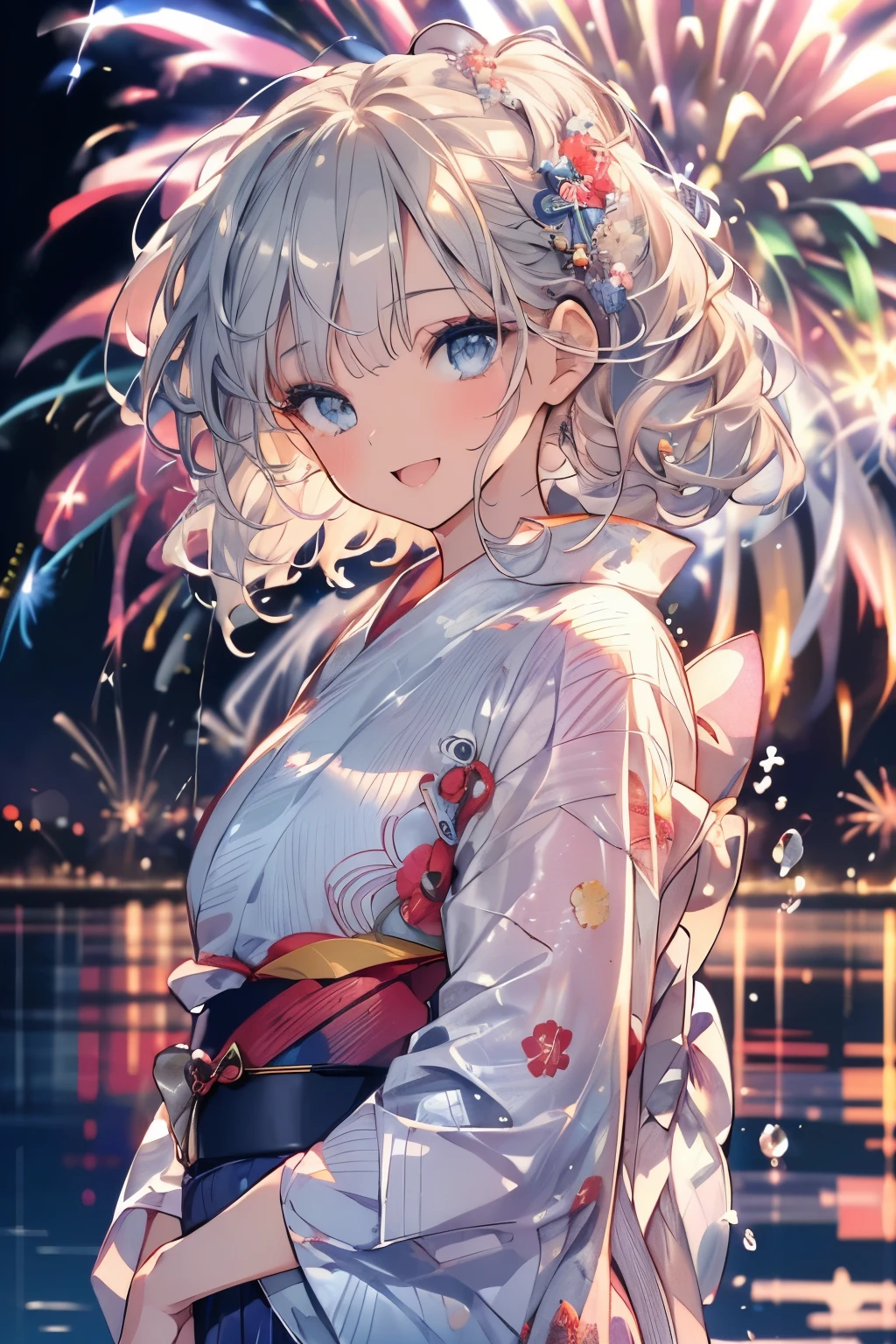 (Best quality,4K,8K,High resolution,Masterpiece:1.2),Super detailed,(Actual, Realistic),highly detailed, top quality, soft skin,Portrait,
break,
((clear blue eyes:1.2)),smiling eyes,beautiful eyelashes,beautiful lower eyelashes,
break,
((Beautiful and shiny silver hair:1.3)),A dazzling smile, a bursting smile, an open mouth laugh,
break,
very happily,
break,
((Beautiful yukata:1.3)),
break,
((Lots of fireworks:1.3)),
break,
((Lots of water:1.3))
