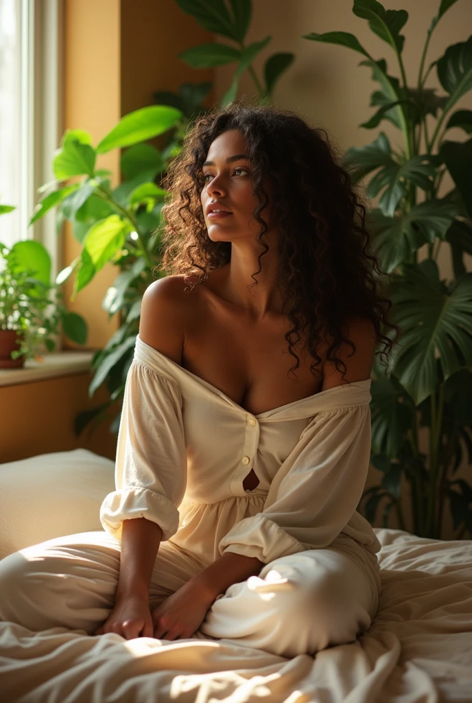 (photorealism:1.2), beautiful woman, sitting on bed, wearing loose off-shoulder top, pajama pants, long curly hair, indoors, soft lighting, plants in background, window with sunlight, cozy room, relaxed pose, realistic, intricate details, warm colors, by Greg Rutkowski, by Alphonse Mucha