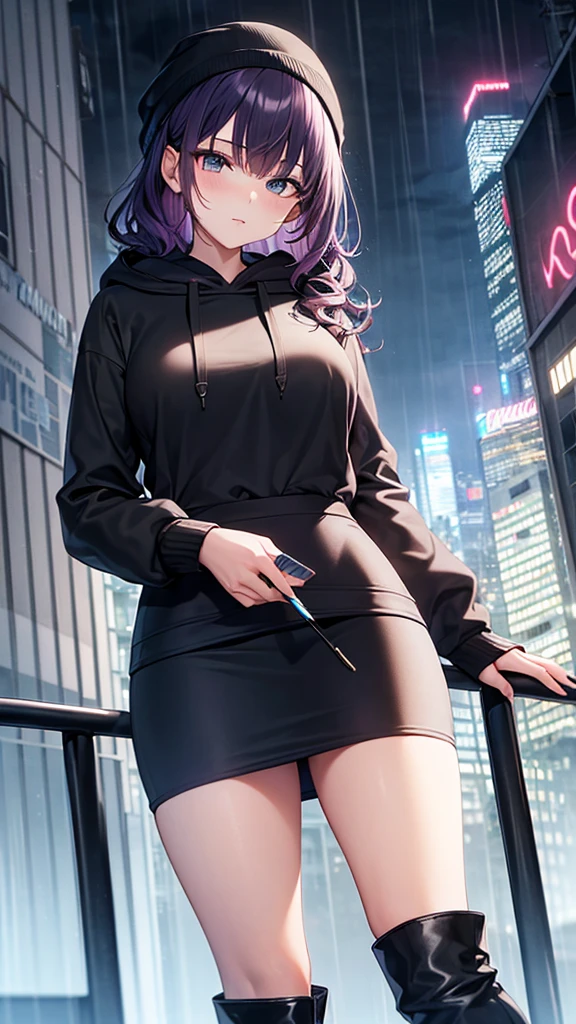 masterpiece, best quality, high detail, beautiful woman, wavy hair, dark purple hair, ((blue hoodie)), ((black midi pencil skirt)), long black pencil skirt, ((black skirt)), leather boots, white beanie, looking at viewer, rainy backdrop, storm, clouds, city alley at night, reflective light, blue light, 