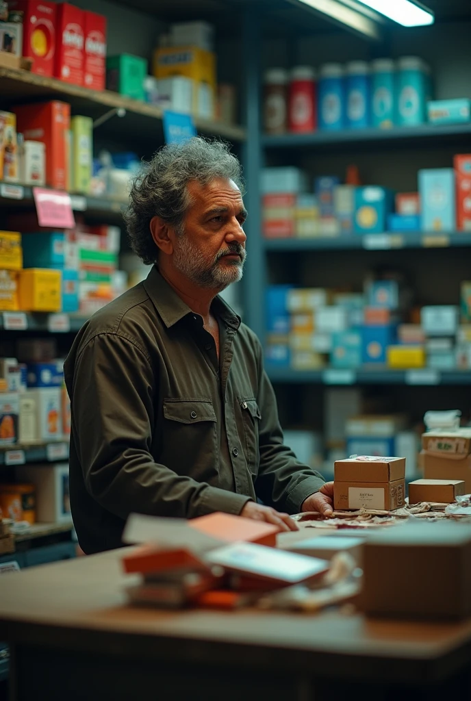 A character name Raj and his age 45 years old 
frustrated store manager show as he thinking
Raj is behind the counter, visibly stressed. The shop is cluttered with merchandise, and the atmosphere reflects Raj's frustration generate landscape image 