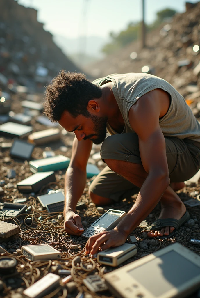 Brazilian man picking up electronic waste in the heat and hungry with a background of electronic waste