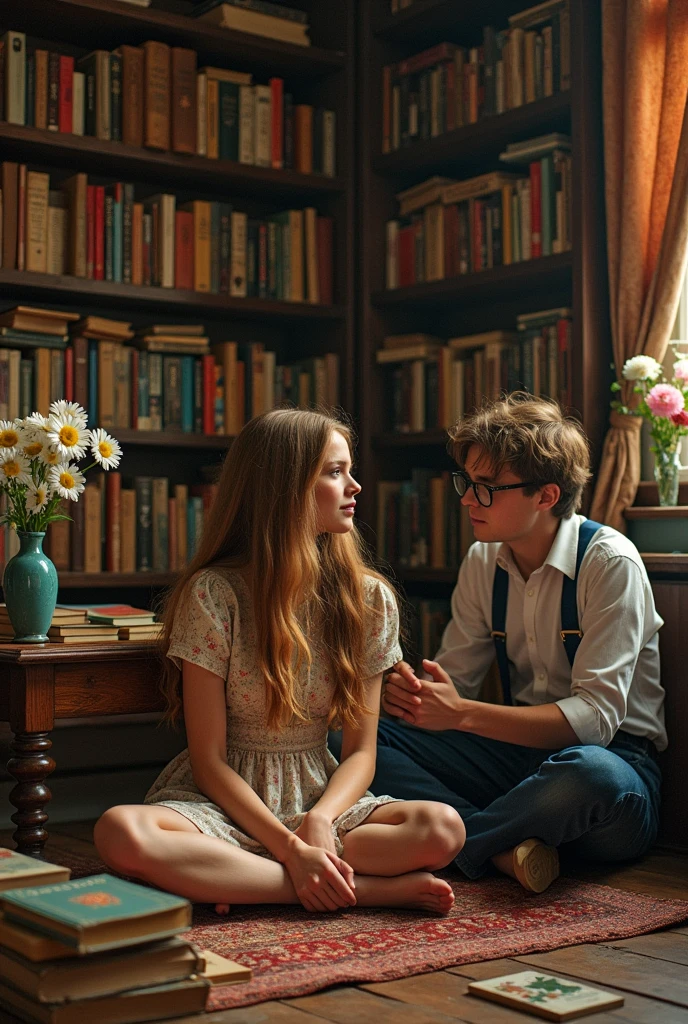 A beautiful girl sits in the middle of a bookstore, in the 1970s. A table sits before her with a vase and books scattered everywhere. A young man wearing reading glasses stands before her and asks about a book.
