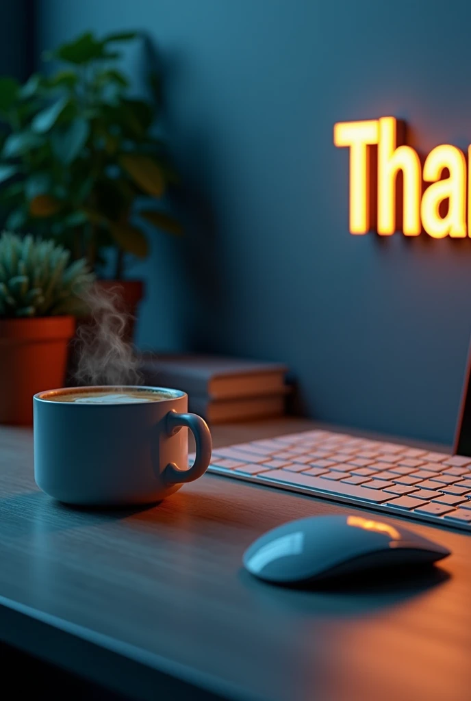 Create a image for profile background with name Thanush on right side of the image and coffee mug and keyboard on the left side
Give me high quality image