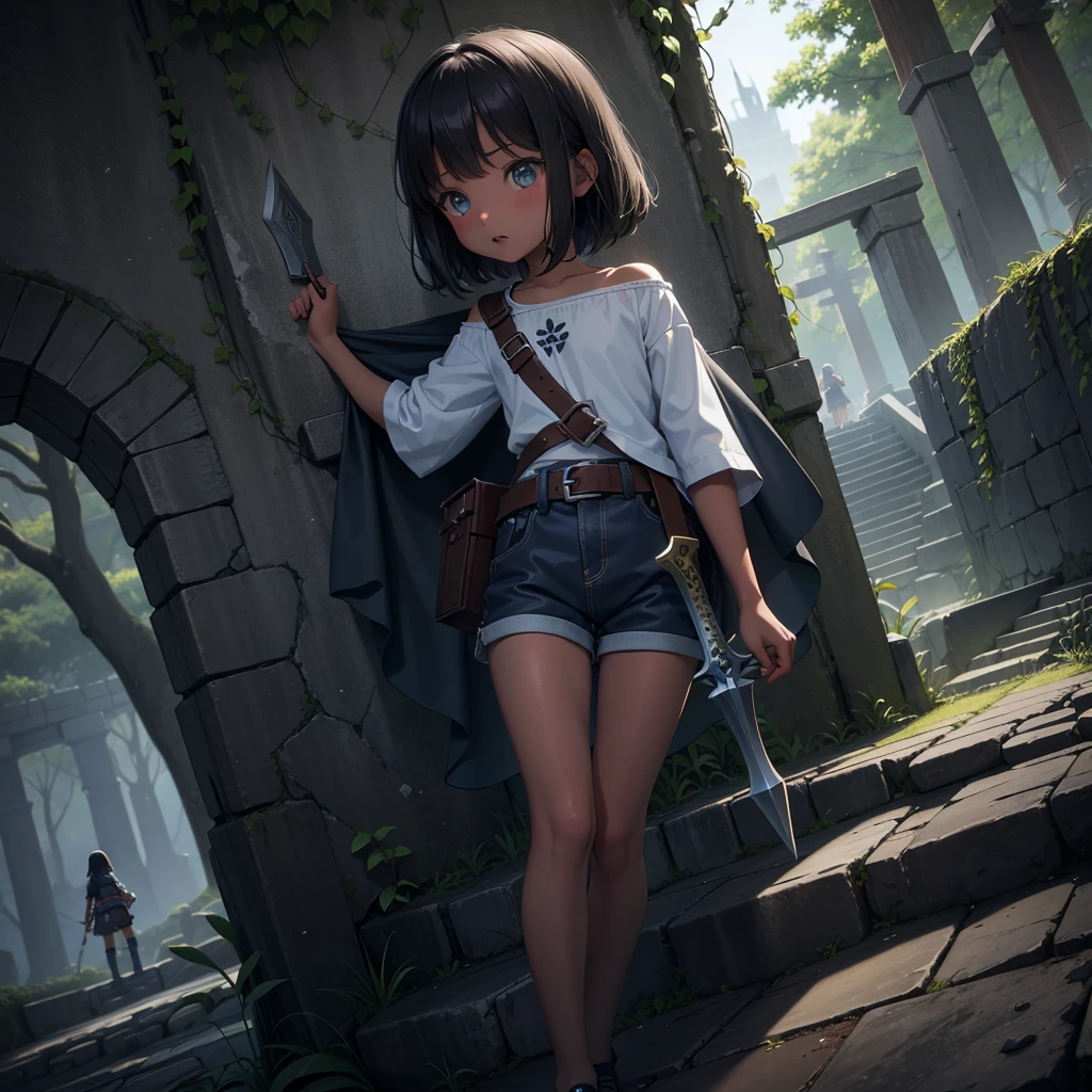 最high quality、high quality、Simple cloth clothing、１０Year old girl adventurer、Climb the maze stairs、Shorts、Equipped with a dagger and a shield、In a dark maze、The body is being swallowed by slime