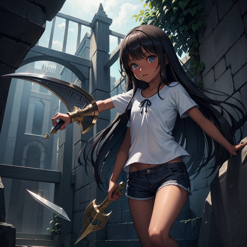 最high quality、high quality、Simple cloth clothing、10Year old girl adventurer、Climb the maze stairs、Shorts、Equipped with a dagger and a shield、In a dark maze、The body is being swallowed by slime