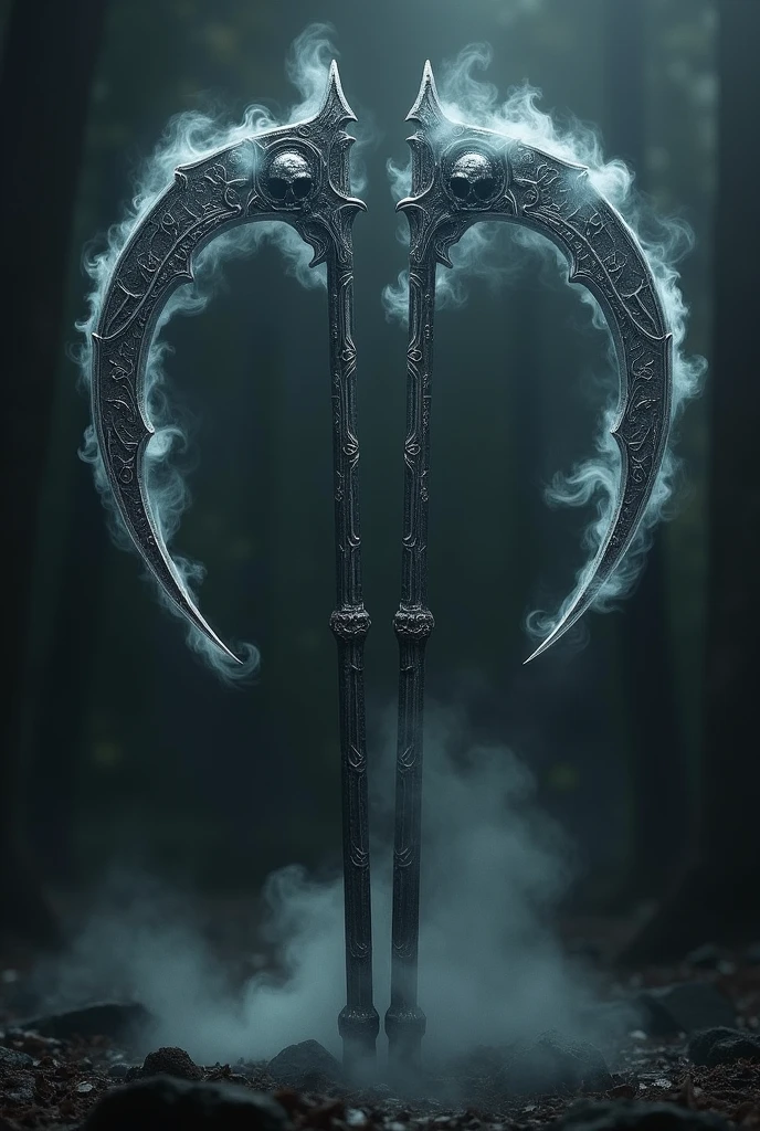 create this object, A double similar scythes that generates dark fog when spun, the black material appears to stretch and mold into a new shape, maintaining the black fog in details and edges, with engraved symbols of a skull with fog, with minimalist and horror features