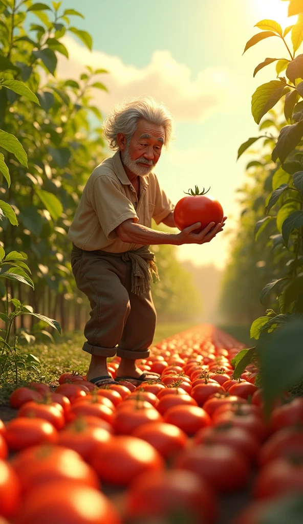 Uncle Tu is an elderly man, Lean with gray hair and tanned skin. He usually wears simple clothes like old shirts, Long pants and flip-flops. Mr. Tu harvests tomatoes 3d animation