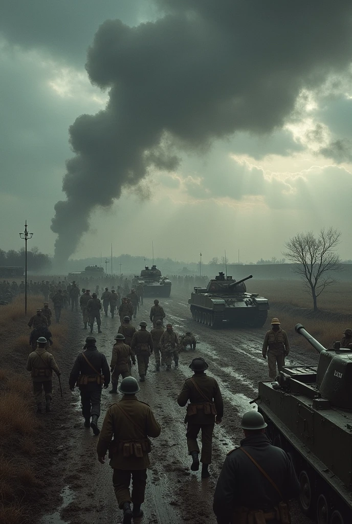 chaotic scene showing the mobilization of European armies, with soldiers and military equipment preparing for war."