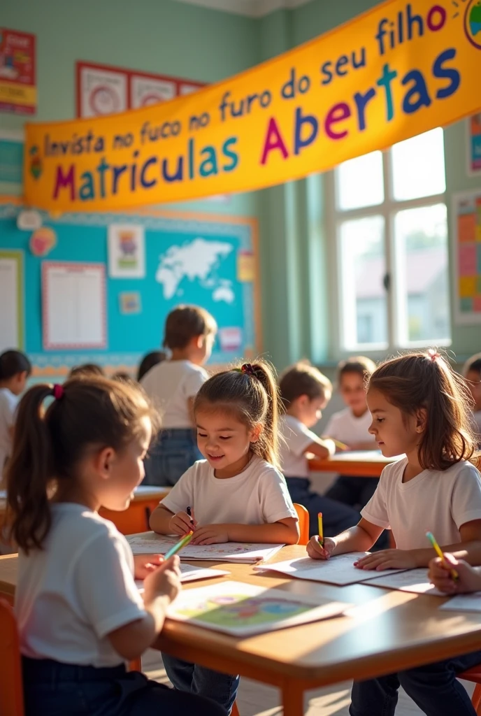 Create an inspiring and engaging image that conveys the idea of investing in children's futures. The image should represent a welcoming and positive educational environment. Include a vibrant classroom environment where 6-year-olds are actively engaged in educational activities such as reading, science, or art. Add elements that suggest growth and the future, like books, globes, and progress charts. The text “Invista no futuro do seu filho: Matrículas Abertas” should be prominently displayed, perhaps on a banner or poster, in a friendly, attractive font. Use vibrant colors and an upbeat atmosphere to convey a sense of excitement and opportunity. Children need to be in school uniform with a white t-shirt and navy blue pants.