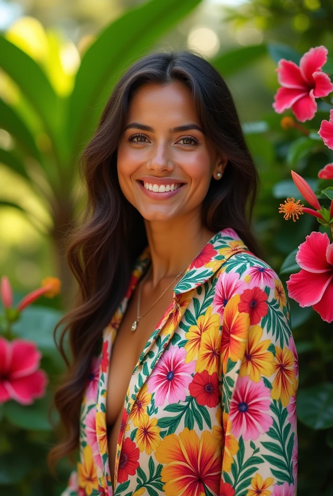 A Brazilian woman in a lush tropical garden, wearing an open shirt with a floral print, with a close-up capturing the harmonious beauty between her breasts and the natural flowers, showing off your natural charm and outgoing personality.