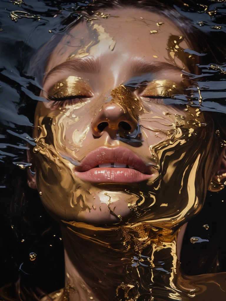 Image of a woman with her eyes closed and her face covered in gold paint, Draped in shiny golden oil, hyperrealistic oil painting, ultra realistic oil painting, hyper real oil painting, hyperrealistic oil painting, hyper - realistic oil painting, Beautiful acrylic fluid portrait, painting hyper-realistic digital, ultrarealism oil painting, hyperrealistic oil painting
