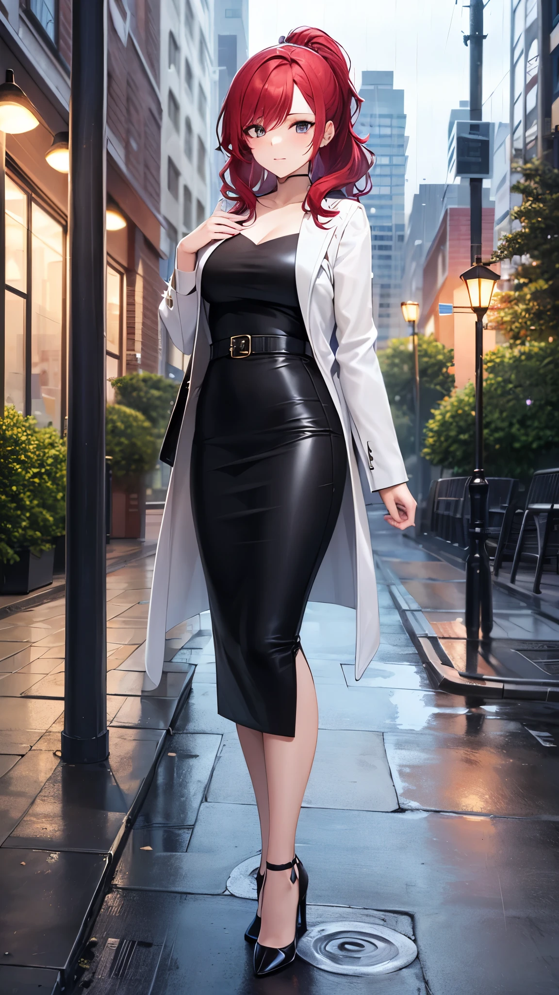 masterpiece, best quality, high detail, beautiful woman, wavy hair, red hair, low ponytail, white blouse, black coat, black midi pencil skirt, heels, looking at viewer, spring garden, cloudy sky, rainy backdrop, city, city street, sidewalk, street lamp, park, trees, purse,