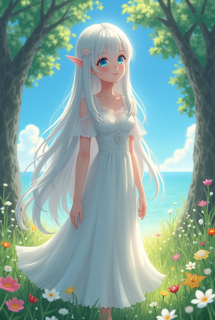 Anime girl, white hair, white dress, blue eyes, young face