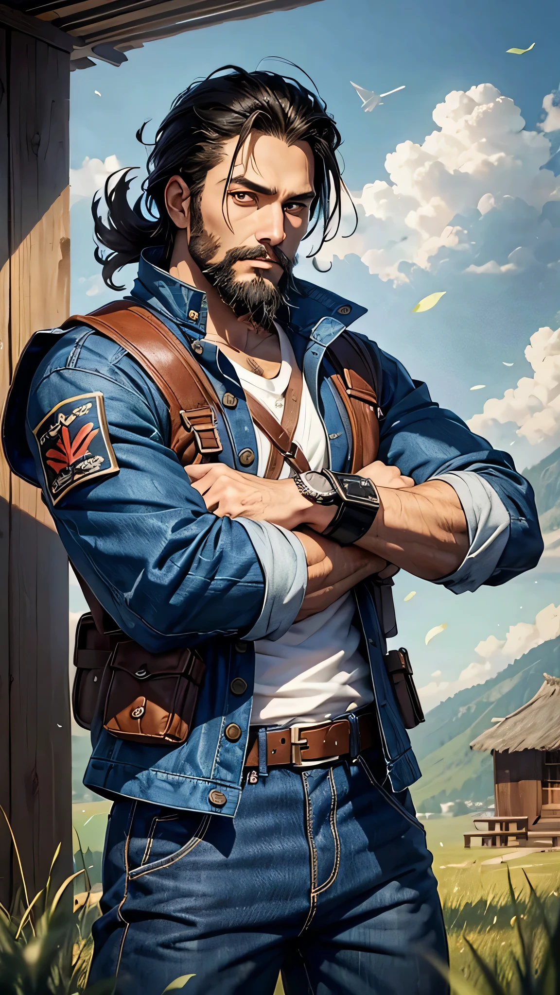 最high quality、Best image quality、masterpiece、male((18-year-old、Slender、Lazy beard、With an assault rifle、White shirt、Red eyes、all back、Black Hair、Fighting Pose、Black rider jacket、Blue denim trousers、Black rucksack、Beard、Show the whole body)）high quality、Beautiful art、background((grassland、Strong winds、hut)),Tabletop、Exquisite design、Visual Arts、Written boundary depth、Best lighting、Highest detail、8ｋ