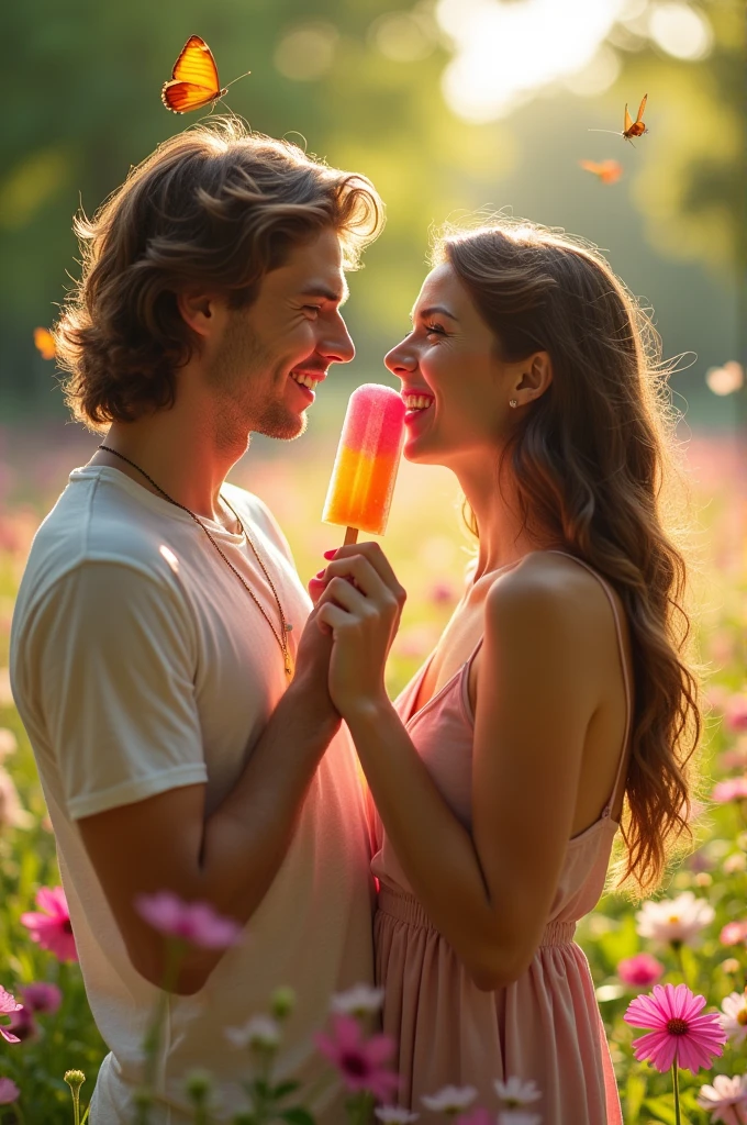 Couples sharing popsicle through their mouth