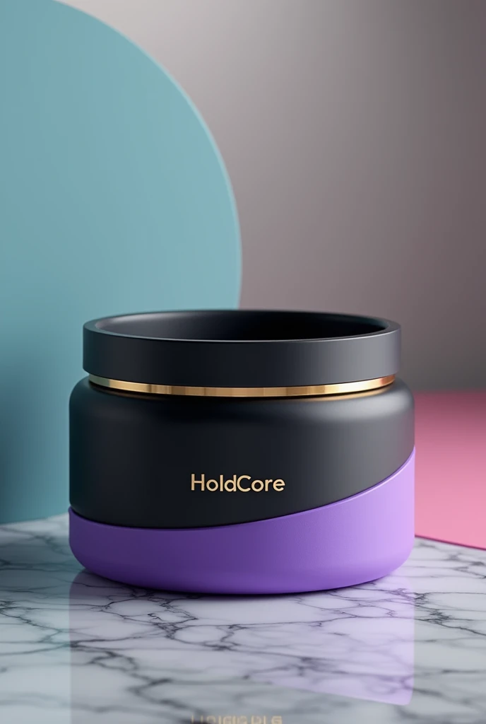 create a pot for the encapsulated post-workout product called HoldCore, with a more serious approach to colors. I will use black, a little gold, quite cyan, purple and pink, but in a way that conveys more seriousness.
