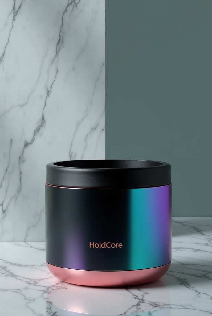 create a pot for the encapsulated post-workout product called HoldCore, with a more serious approach to colors. I will use black, a little gold, quite cyan, purple and pink, but in a way that conveys more seriousness.
