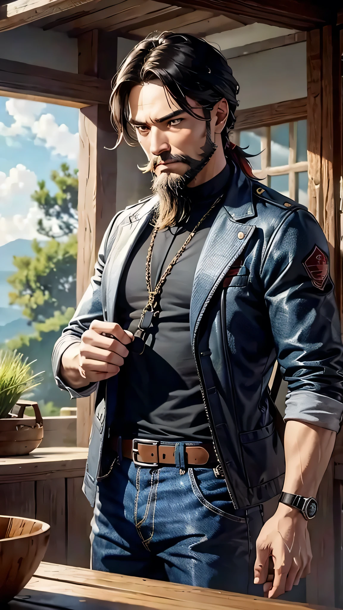 最high quality、Best image quality、masterpiece、male((40 years old、Slender、Lazy beard、With an assault rifle、White shirt、Red eyes、all back、Black Hair、Fighting Pose、Black rider jacket、Blue denim trousers、Black rucksack、Beard、Show the whole body)）high quality、Beautiful art、background((grassland、Strong winds、hut)),Tabletop、Exquisite design、Visual Arts、Written boundary depth、Best lighting、Highest detail、8ｋ