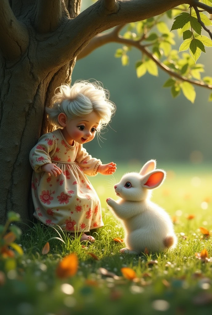 A cute rabbit eating around the tree.suddenly an old lady come to the tree.she put the rabbit into her arms.the rabbit were scared .the rabbit run away