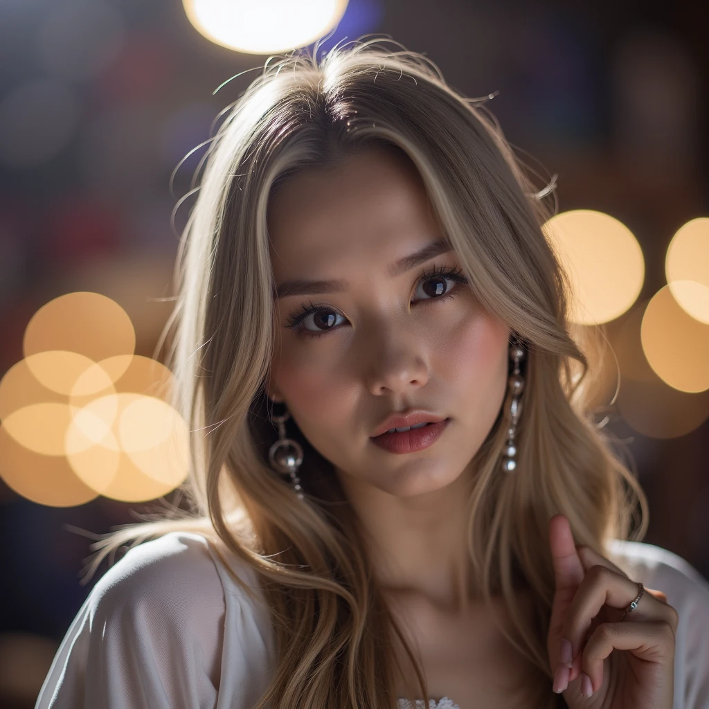 The image is a portrait of a young Asian woman with long dark hair and bangs. She is wearing a white dress with a sheer neckline and long sleeves. She has a pair of silver earrings and a bracelet on her wrist. The woman is standing in front of a colorful background with a vase and other decorative items. Her hands are raised in the air, as if she is making a peace sign with her fingers. She appears to be posing for the camera.
