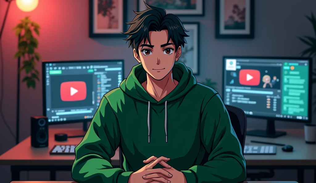Create an anime-style image of a male character, dressed in green clothing. The character should have a realistic inspired appearance, with a slight, little smile on his face. He should be sitting in a modern editing studio, facing forward, making direct eye contact with the viewer. The background should feature YouTube-related elements like play buttons or channel icons, along with various editing tools such as a computer, keyboard, and graphic tablet. The studio environment should be dark, with lighting that complements the green of the character's clothing, creating a cohesive and atmospheric setting. The lighting should be subtle and realistic, enhancing the overall mood without making the image look too much like a anime style