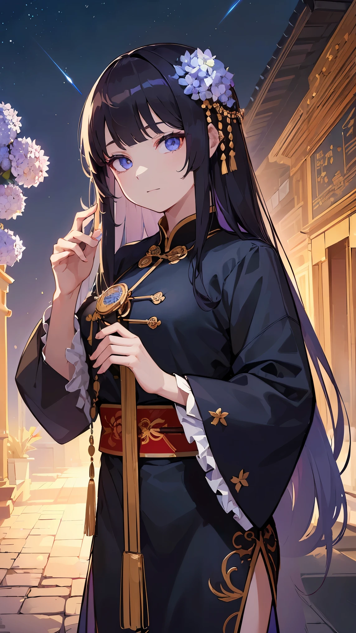 ((best quality)), ((masterpiece)), (detailed), perfect face, ((Best quality, 8k, Masterpiece: 1.3)), Sharp focus, Highly detailed face and skin texture, Detailed eyes, detailed fingers, traditional Chinese costume, royalty, empress, luxury, navy hair, straight hair, cowboy shot, Hydrangea flower, shooting stars in the background, at night