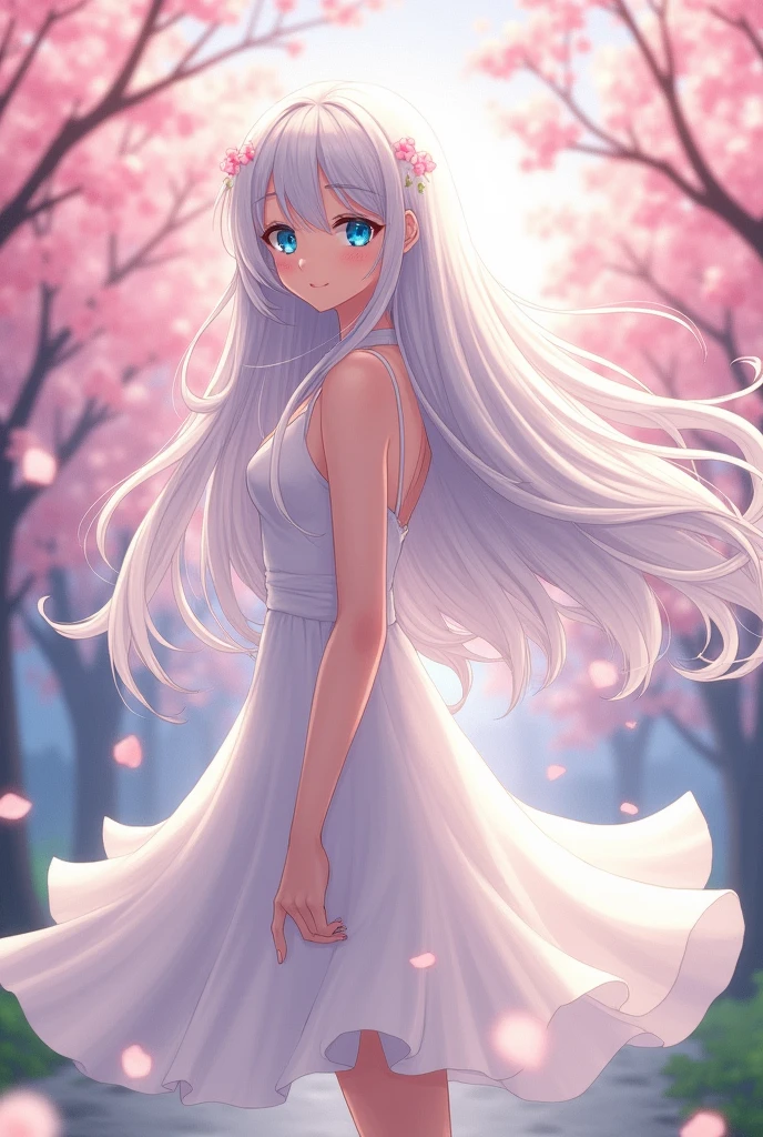 Woman
Anime
White hair
Wearing a white dress
Blue eyes